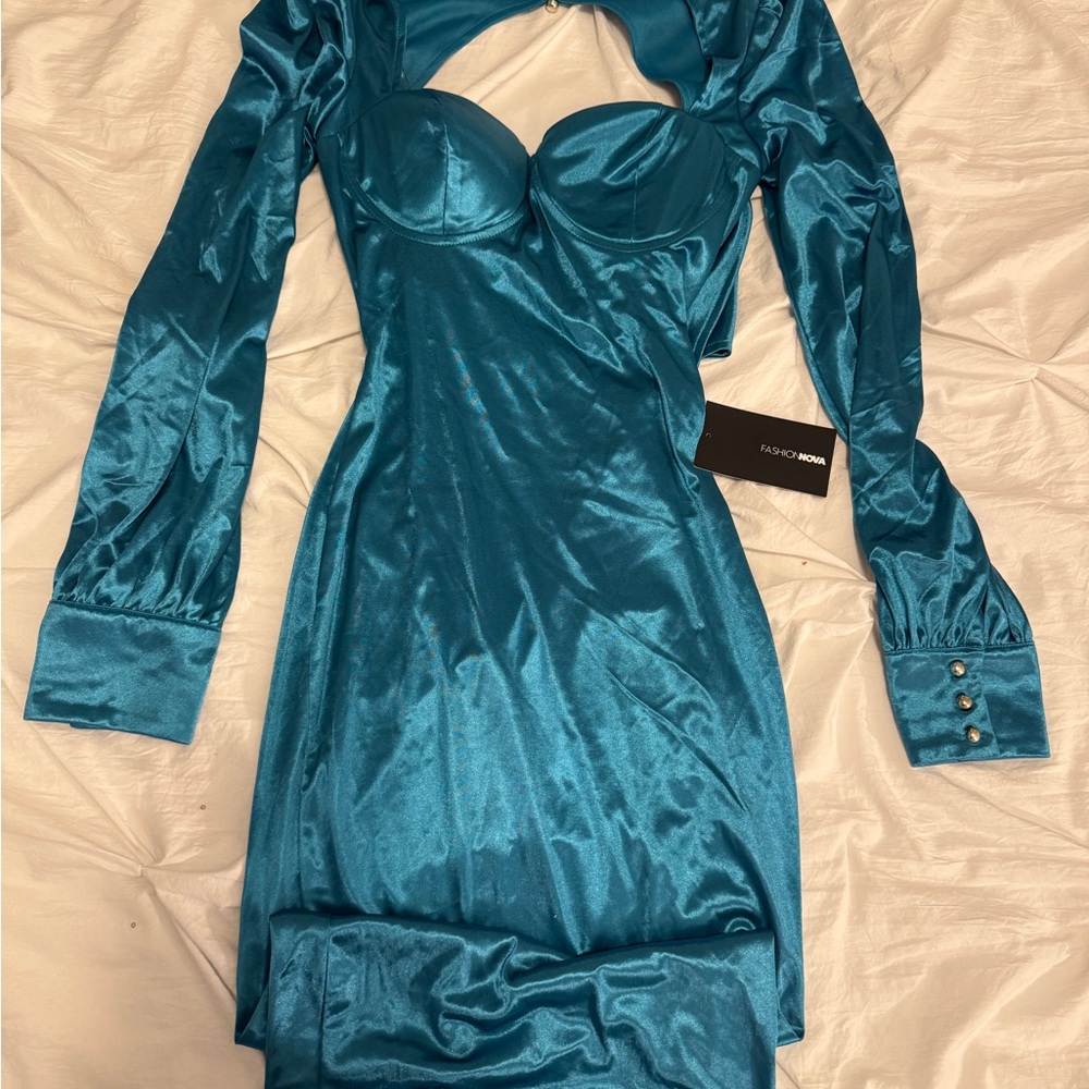 Fashion Nova Teal Long Sleeve Dress